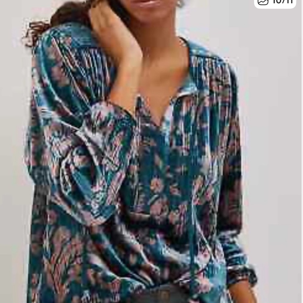 NWT Anthropologie Green Teal Pink Velvet Women’s Blouse Size XS